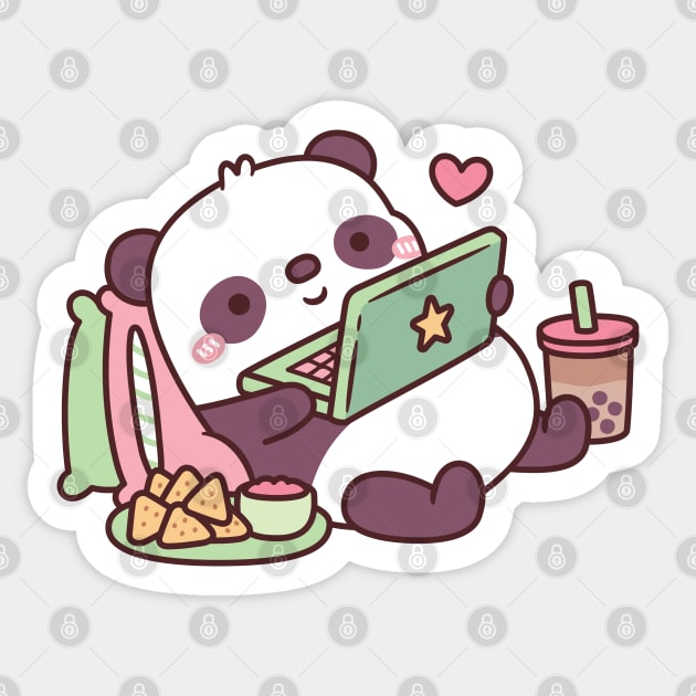 Cute Panda Chillin with Anime Chips and Bubble Tea Sticker by rustydoodle